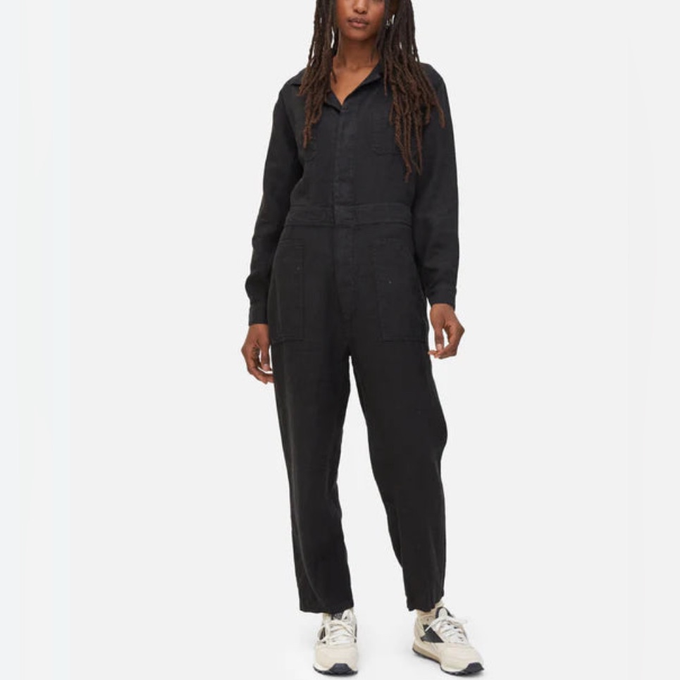 $248 Mate The Label 100% Organic Linen Black Long Sleeve Jumpsuit Small Natural — image 2 of 8